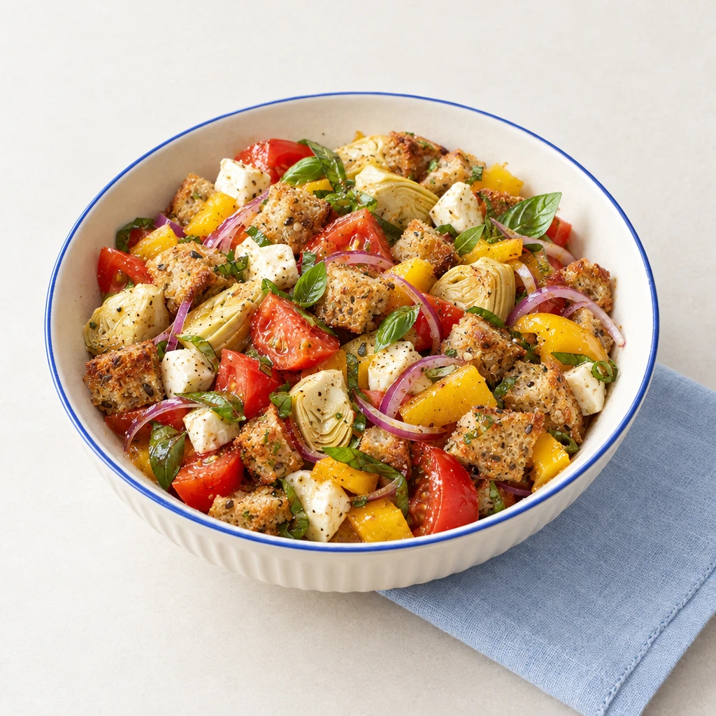 Tomato and yellow pepper bread salad with artichokes, red onion, crisp bread cubes, mozzarella and basil.