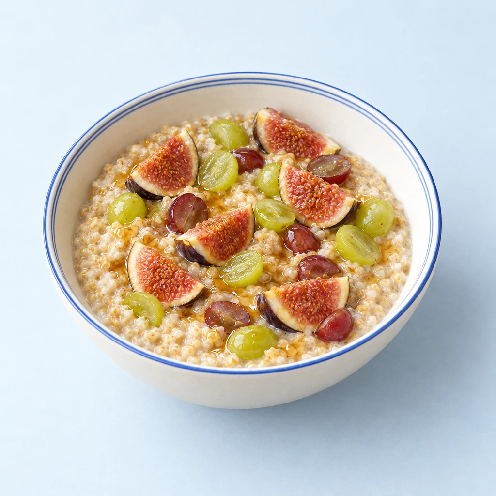 Bulgur porridge topped with fig quarters, halved grapes and honey in a bowl.