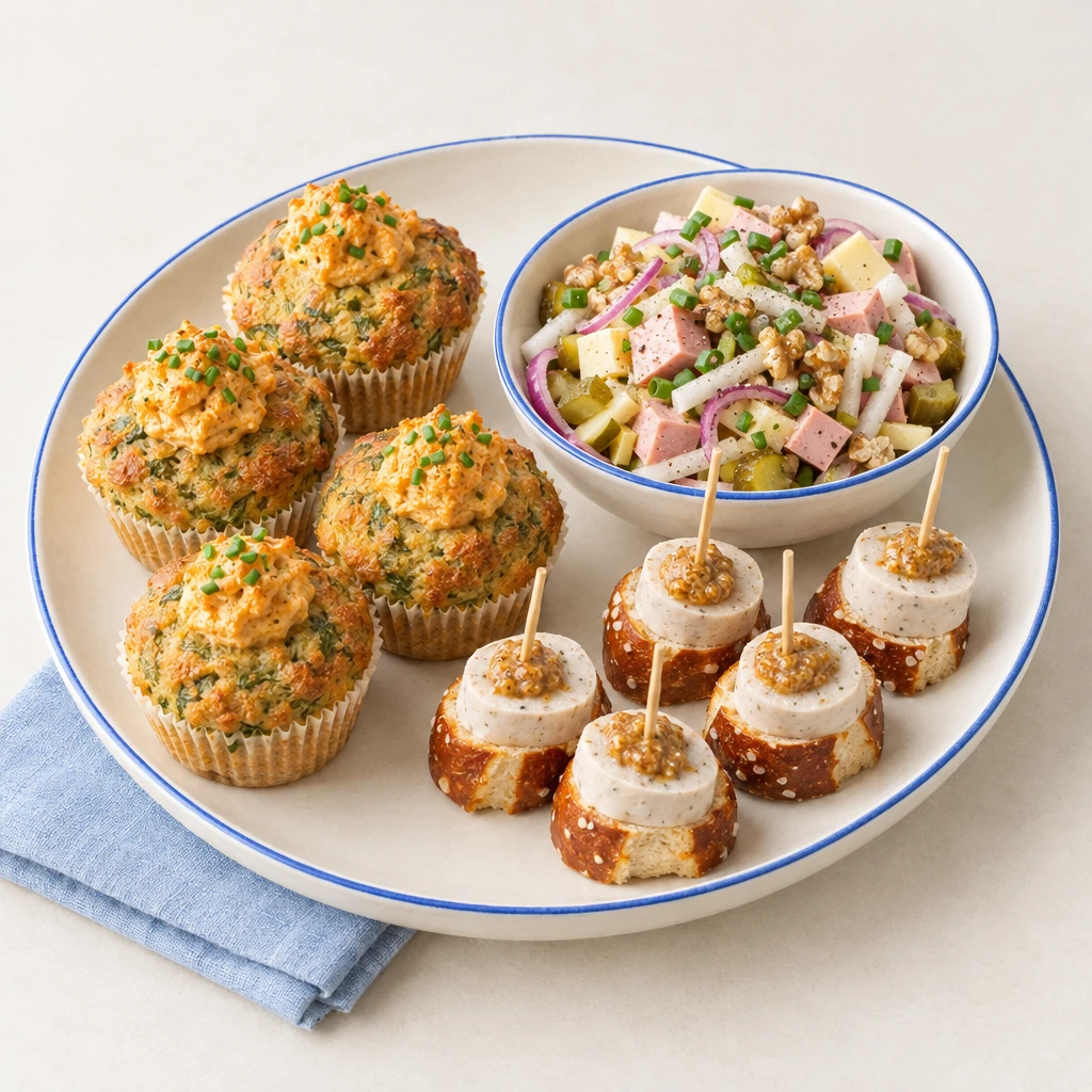 Bayerische Tapas mit Obazda-Bärlauch-Muffins, Weißwurst auf Laugenbrot mit süßem Senf und Käse-Wurst-Salat.
