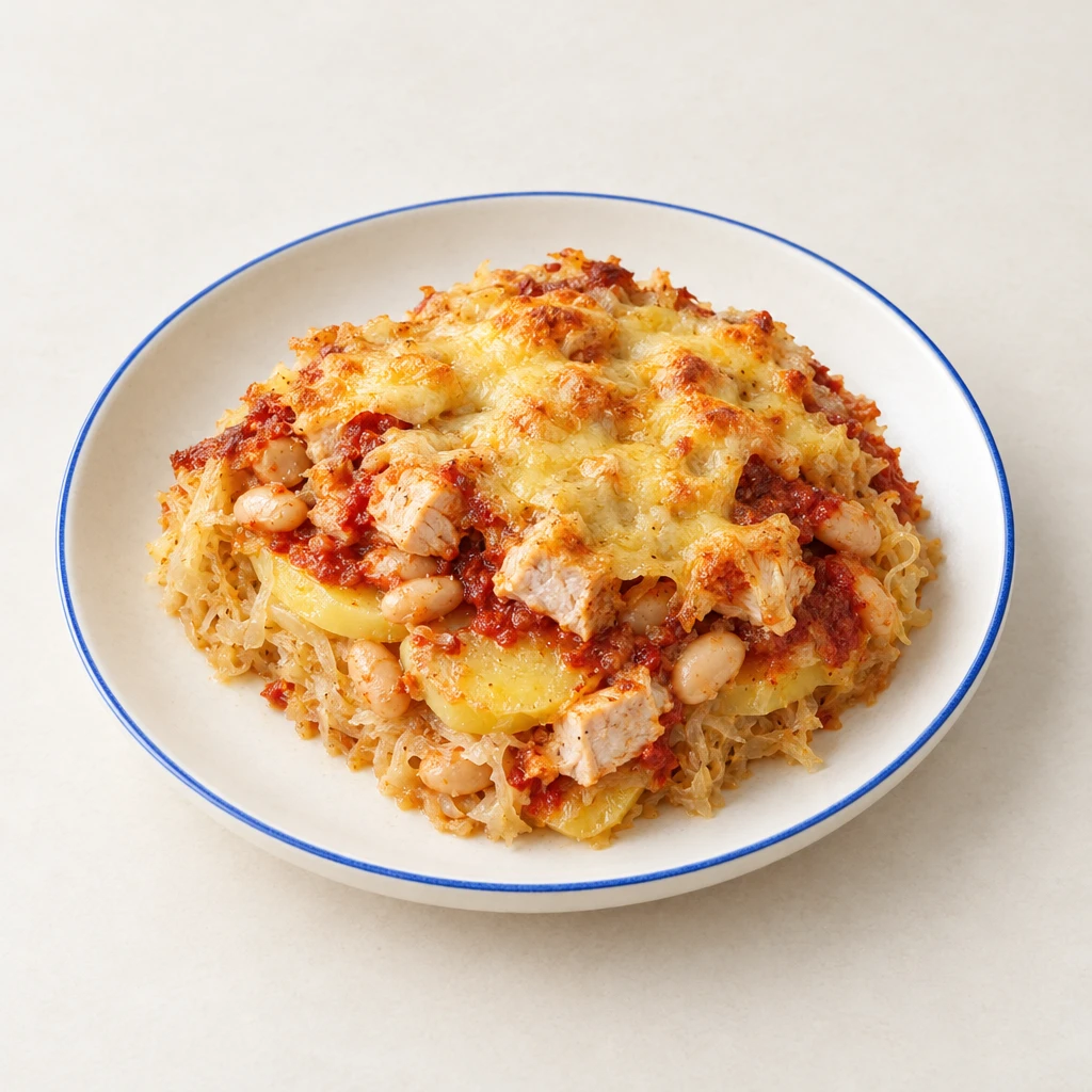 Potato and sauerkraut bake with white beans, turkey breast and melted cheese.