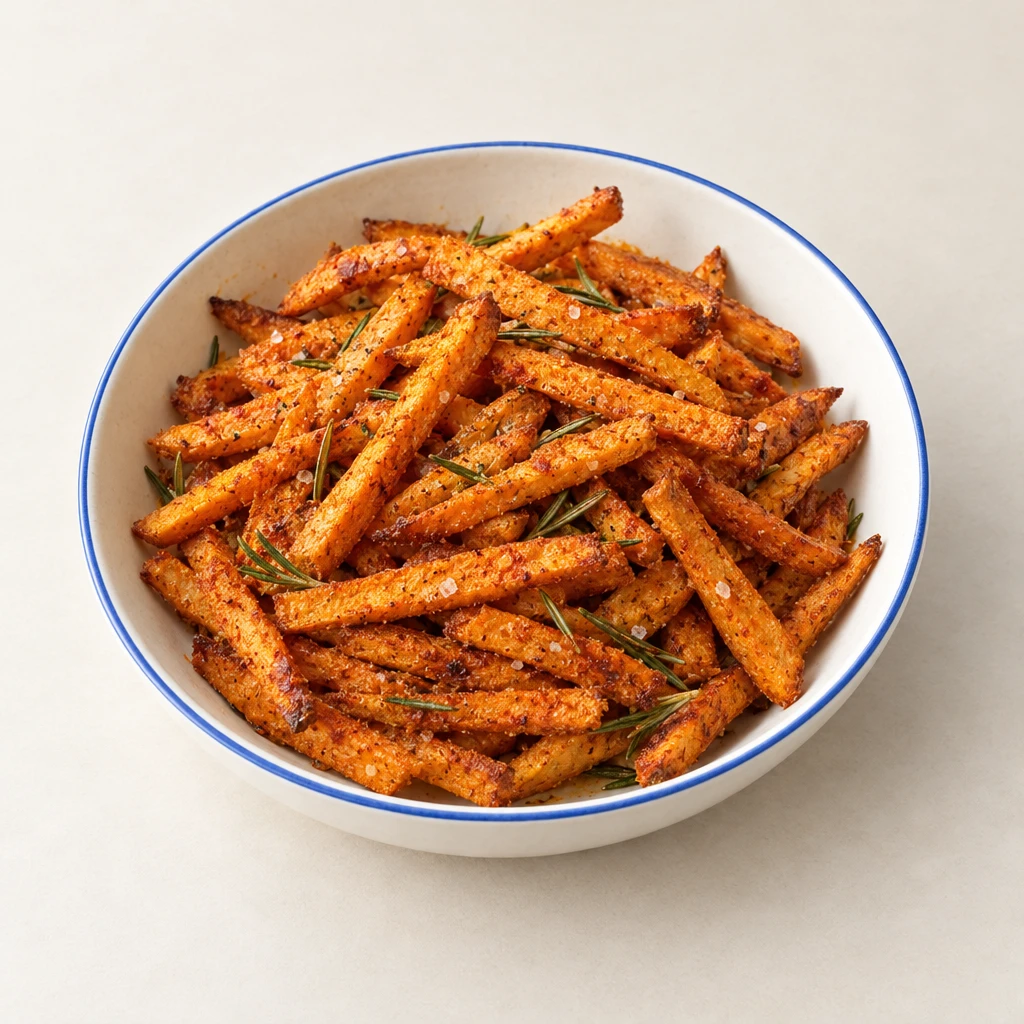 Golden-brown oven-baked sweet potato fries with paprika and rosemary on a plate.