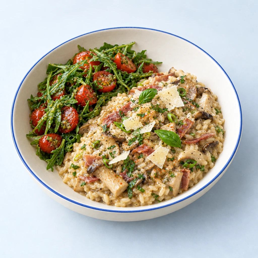 Pilzrisotto mit Schinken, Kräutern und Parmesanspänen, daneben Tomaten-Rucola-Salat mit Pesto.