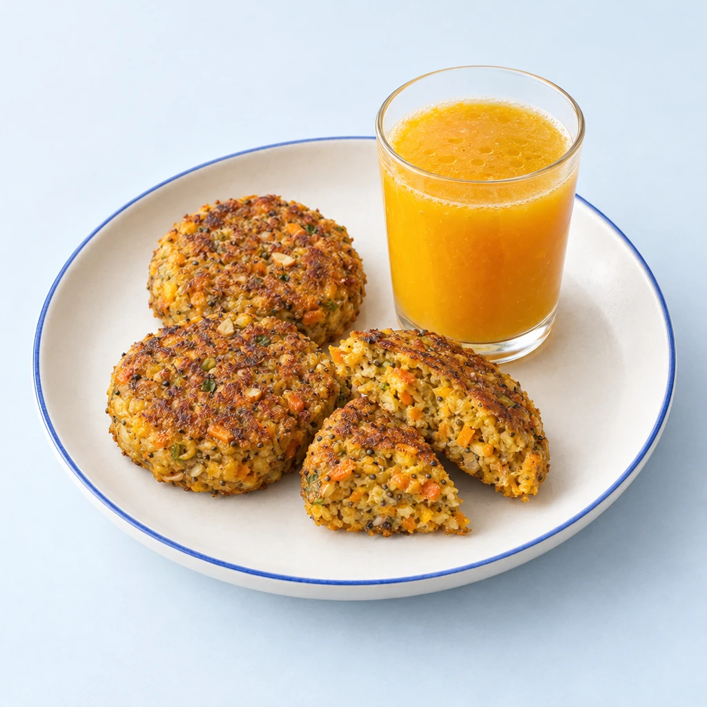 Orange, pumpkin and ginger juice in a glass beside small, golden-brown pulp patties.