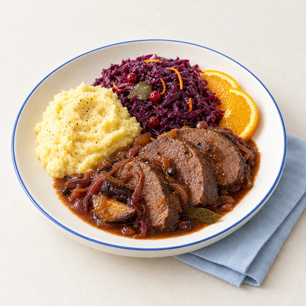 Hirschbratenscheiben mit Kartoffelpüree, Rotkraut, Orangenscheiben und Zwiebel-Pflaumen-Gemüse, dazu separat servierte dunkle Sauce.