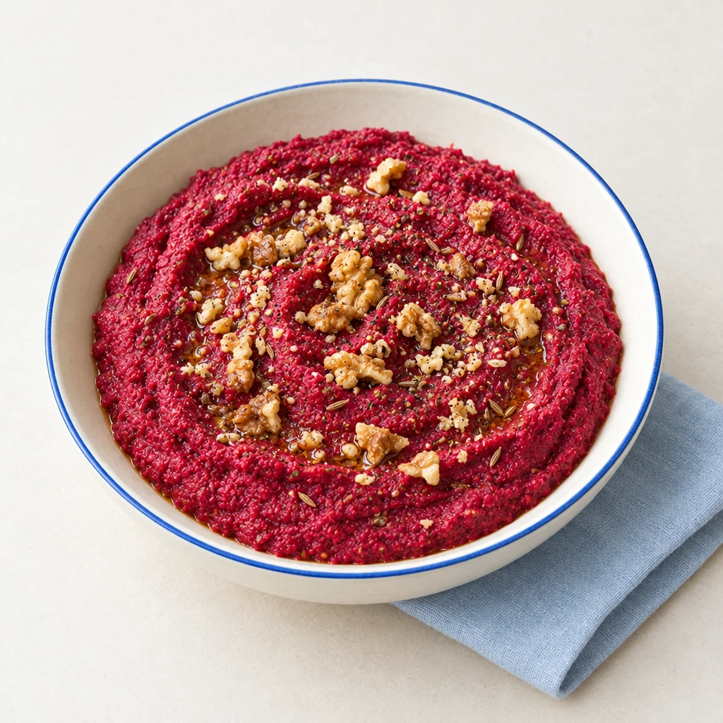 Deep red beetroot spread with chickpeas and walnuts in a shallow bowl.