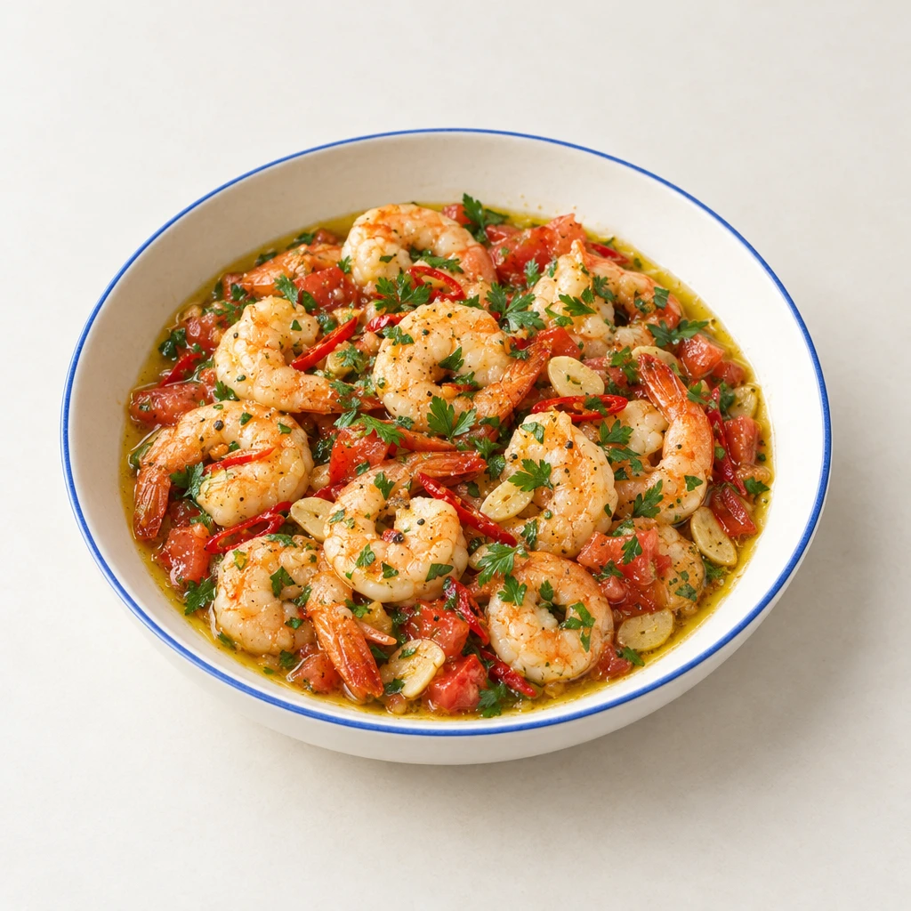Pan-fried prawns with garlic slices, red chilli strips, diced tomatoes and parsley in olive oil.