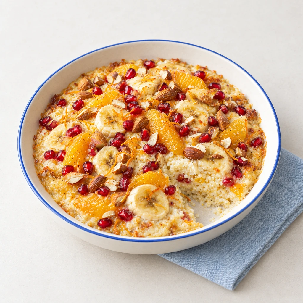 Sweet couscous bake topped with banana slices, orange pieces, whole almonds and pomegranate seeds in a shallow bowl.