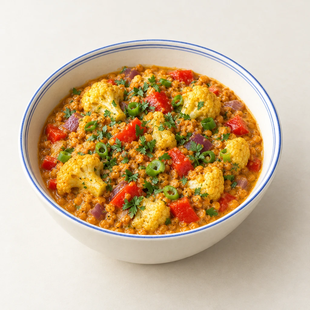 Lentil curry with cauliflower and red pepper, garnished with spring onions and parsley.