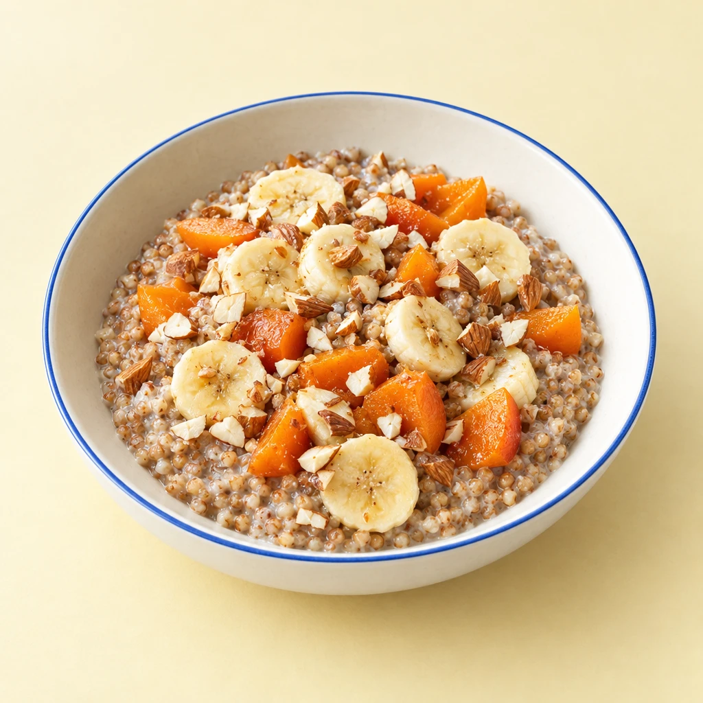 Creamy buckwheat porridge topped with banana slices, diced apricots and chopped almonds in a bowl.