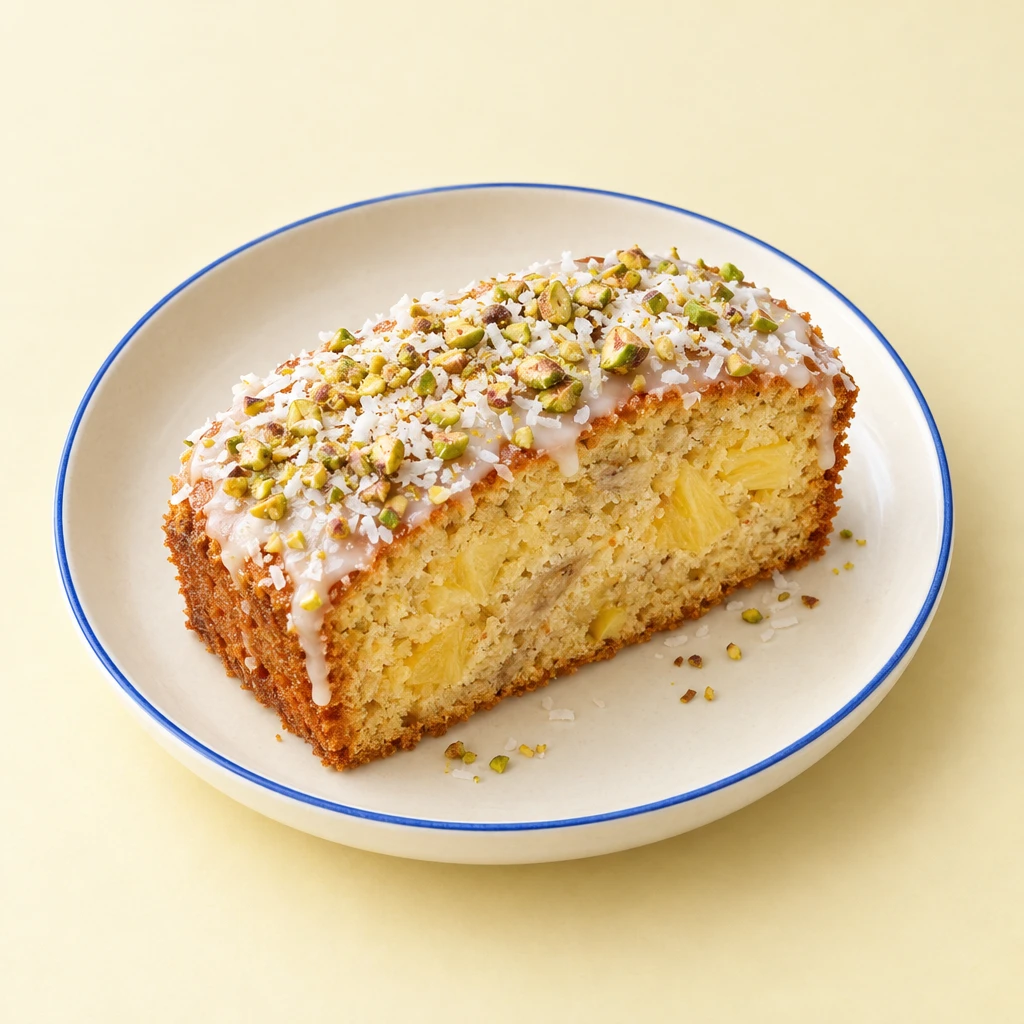 Sliced pineapple loaf cake with pale icing, desiccated coconut and chopped pistachios.