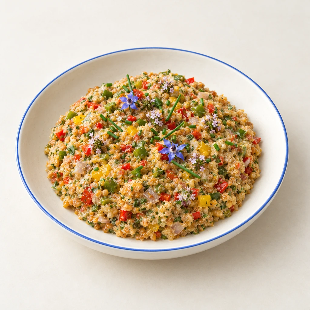 Green spelt spread with colourful diced peppers and herbs, garnished with a thyme flower, borage flower and chive tip.