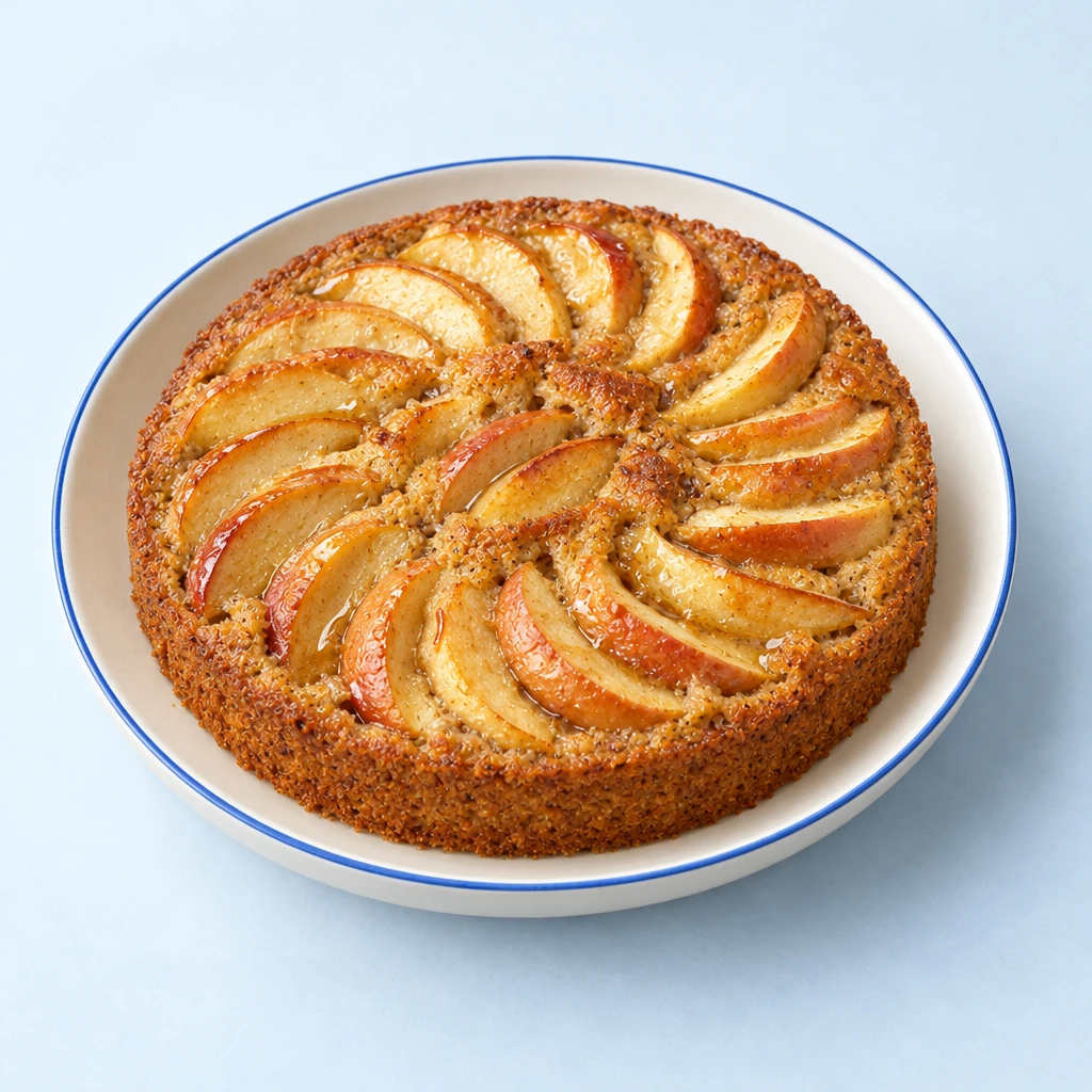 Buckwheat apple cake with a wedge cut out, topped with baked apple quarters arranged in a circle and soaked with maple syrup.