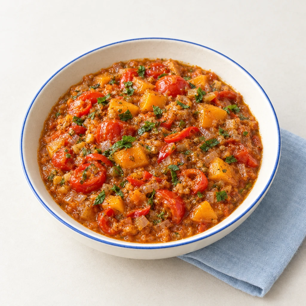 Thick, reddish-brown tomato and persimmon chutney with fine flecks of mint in a shallow bowl.