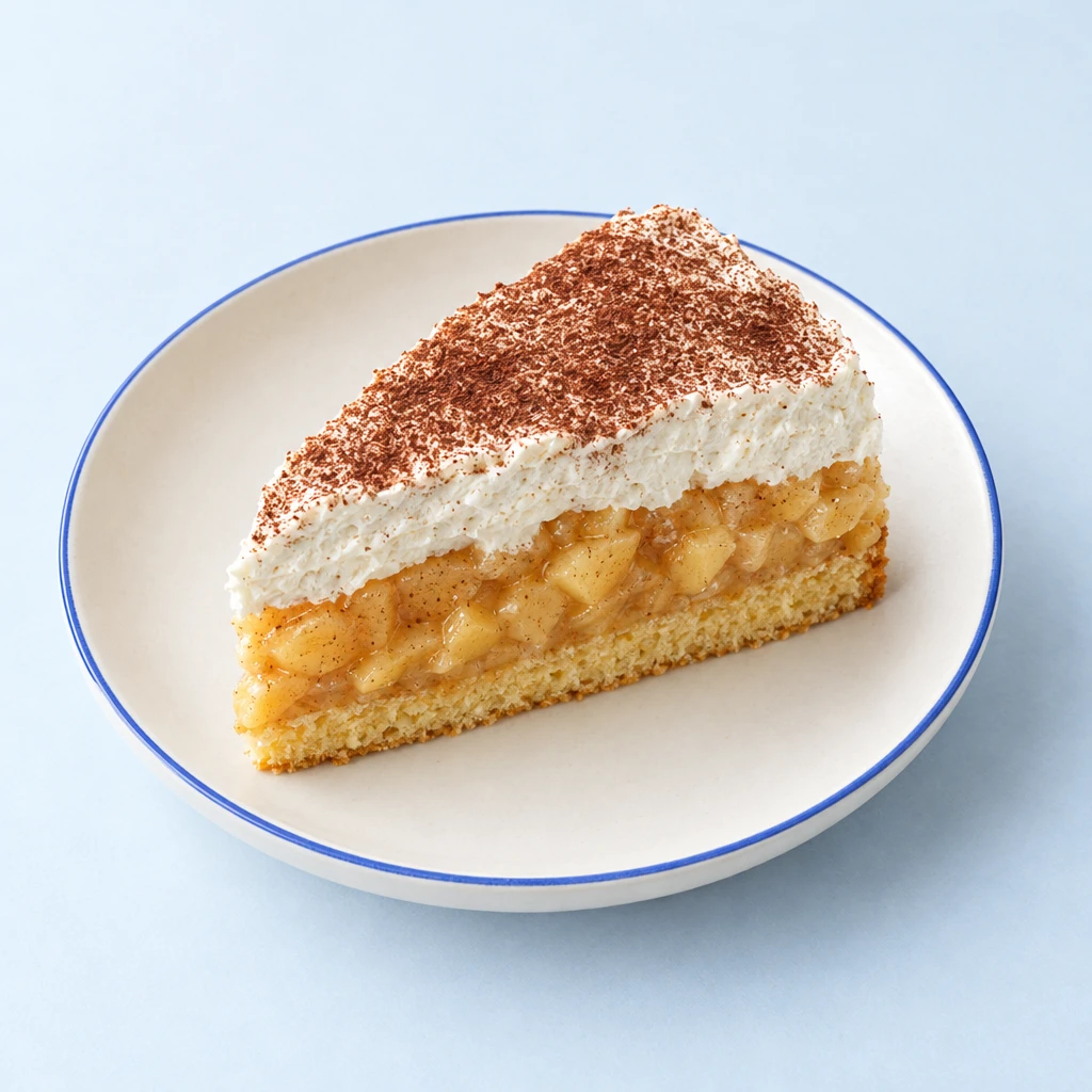 Sliced apple and whipped cream cake with a sponge base, golden apple filling and a cocoa-dusted cream topping.