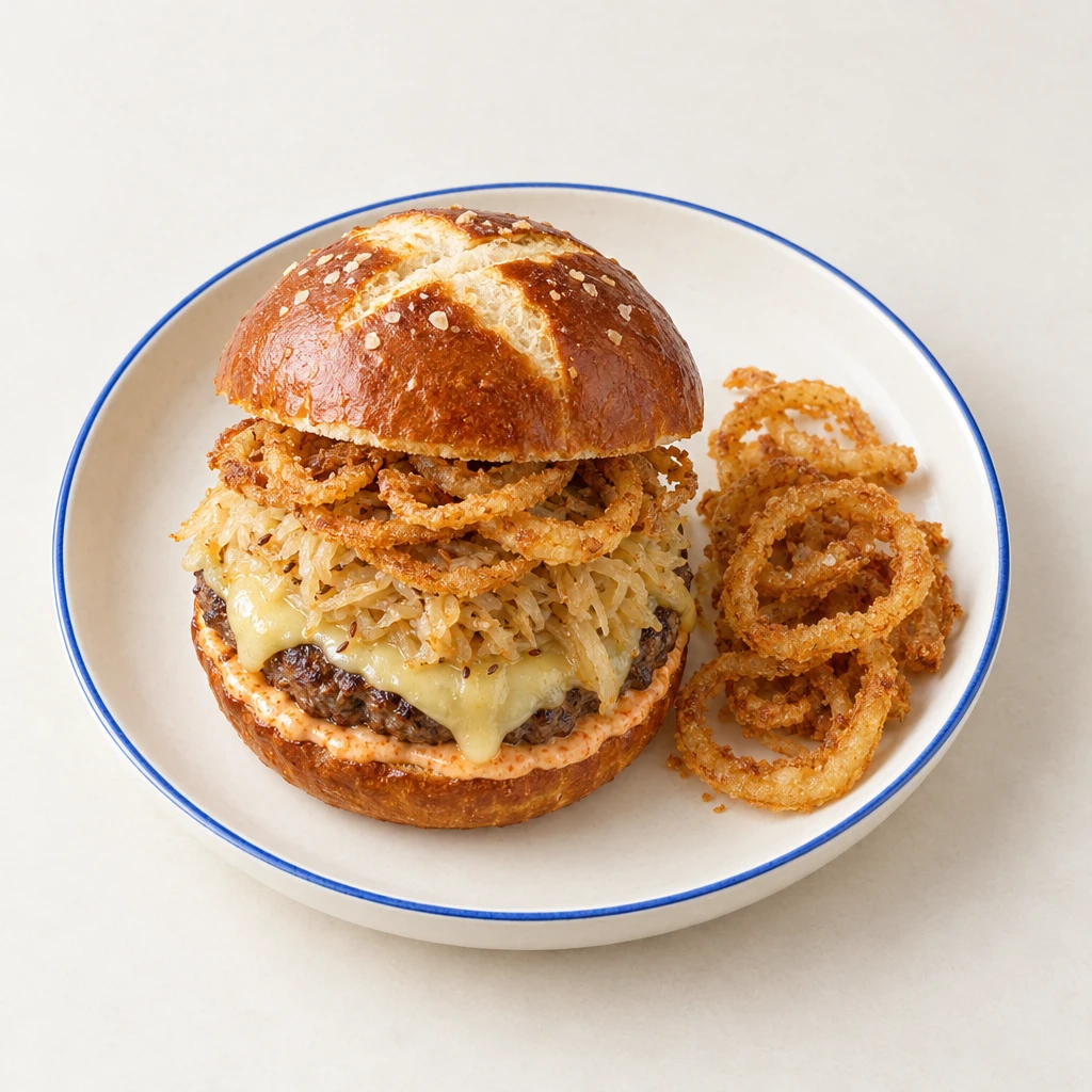 Bayerischer Burger im Laugenbrötchen mit Rindfleischpatty, Bergkäse, Sauerkraut und knusprigen Zwiebelringen.
