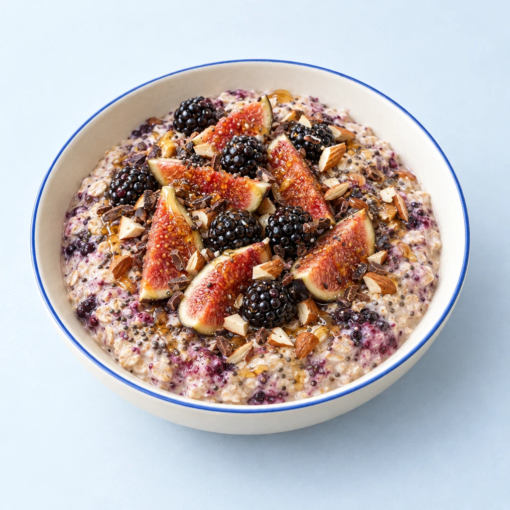 Layered overnight oats in a glass jar with fig slices, blackberries, soya yoghurt, cacao nibs and honey.