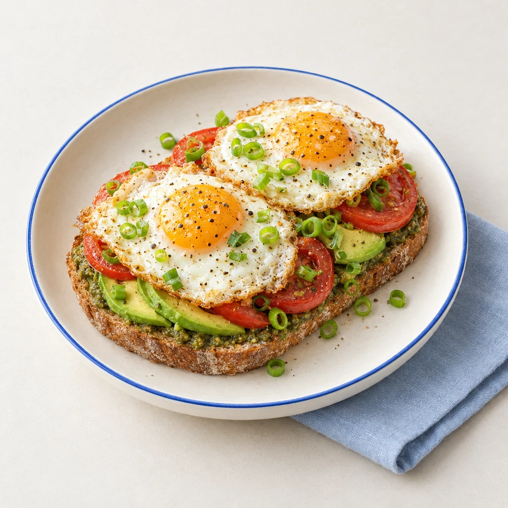 Sourdough bread topped with avocado, tomatoes, spring onions and eggs fried in basil pesto.