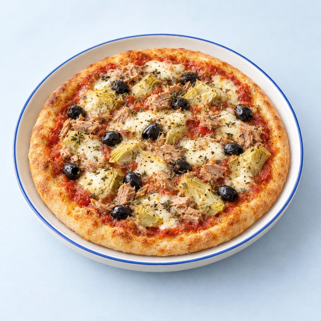 Goldgelb gebackene Pizza mit Thunfisch, Artischockenherzen, schwarzen Oliven, Tomaten und geschmolzenem Mozzarella.