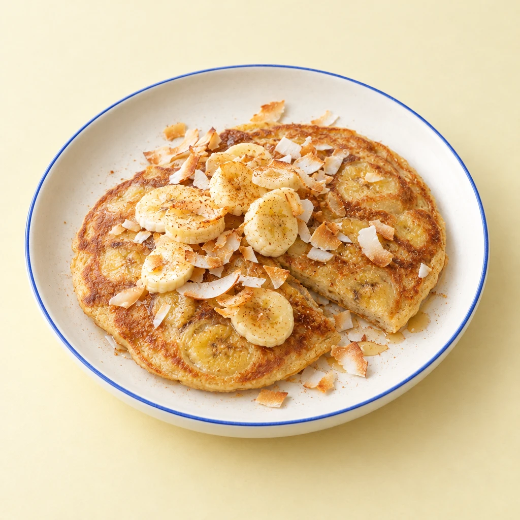 Golden-brown banana pancakes with visible banana slices and toasted coconut chips on a plate.