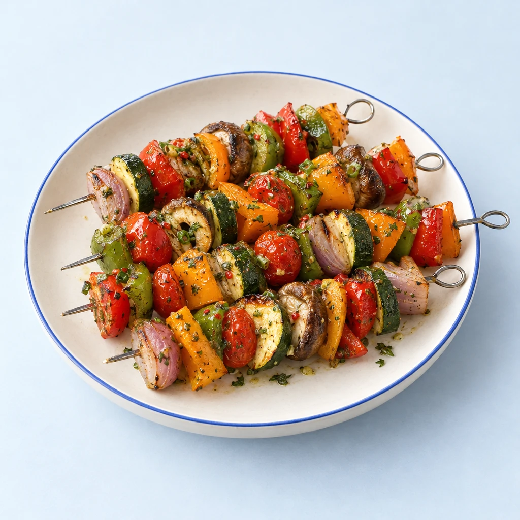 Grilled vegetable skewers with courgettes, shallots, shiitake mushrooms, tomatoes and colourful peppers in a herb marinade on a plate.