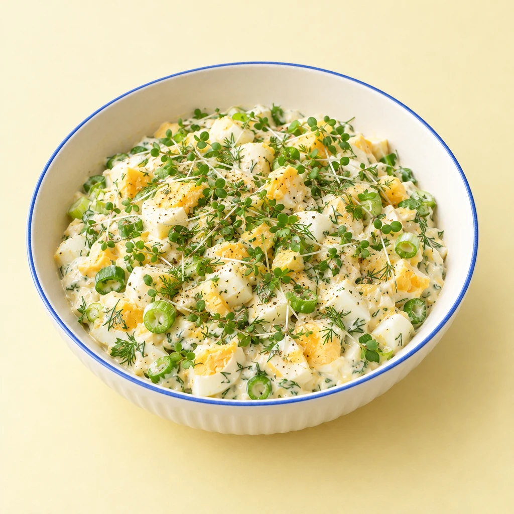 Creamy egg salad with diced eggs, spring onions, dill and cress in a shallow bowl.