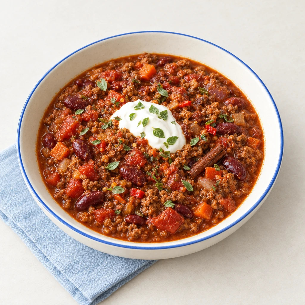 Chilli con carne with minced beef, kidney beans and soured cream in a bowl.
