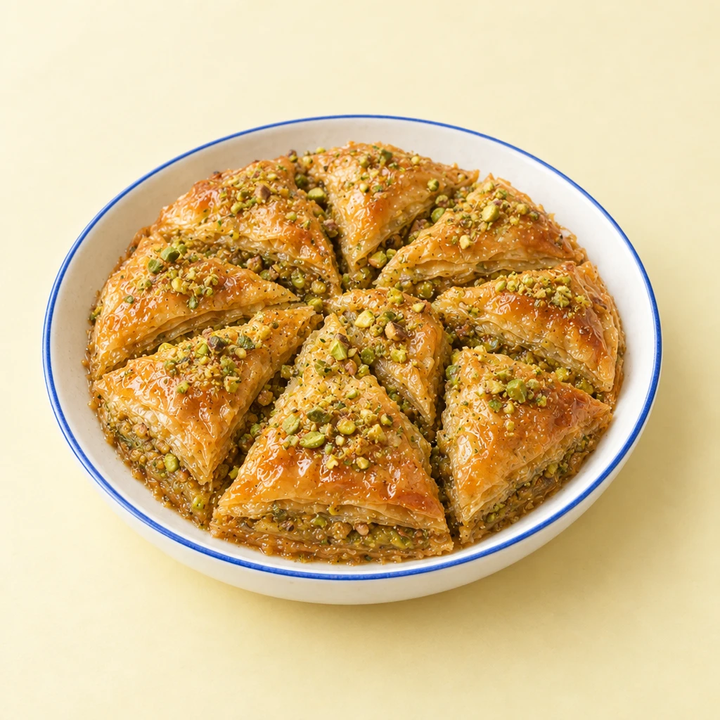 Golden-brown baklava with crisp filo layers, a pistachio filling and glossy honey syrup, sprinkled with chopped pistachios.