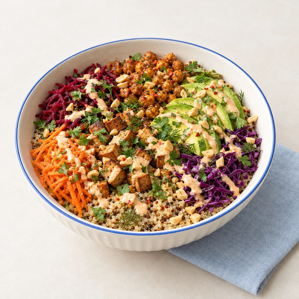 Buddha-Bowl mit Quinoa, buntem Gemüse, Räuchertofu, gerösteten Kichererbsen, Kräutern, Erdnüssen und Joghurt-Dressing.