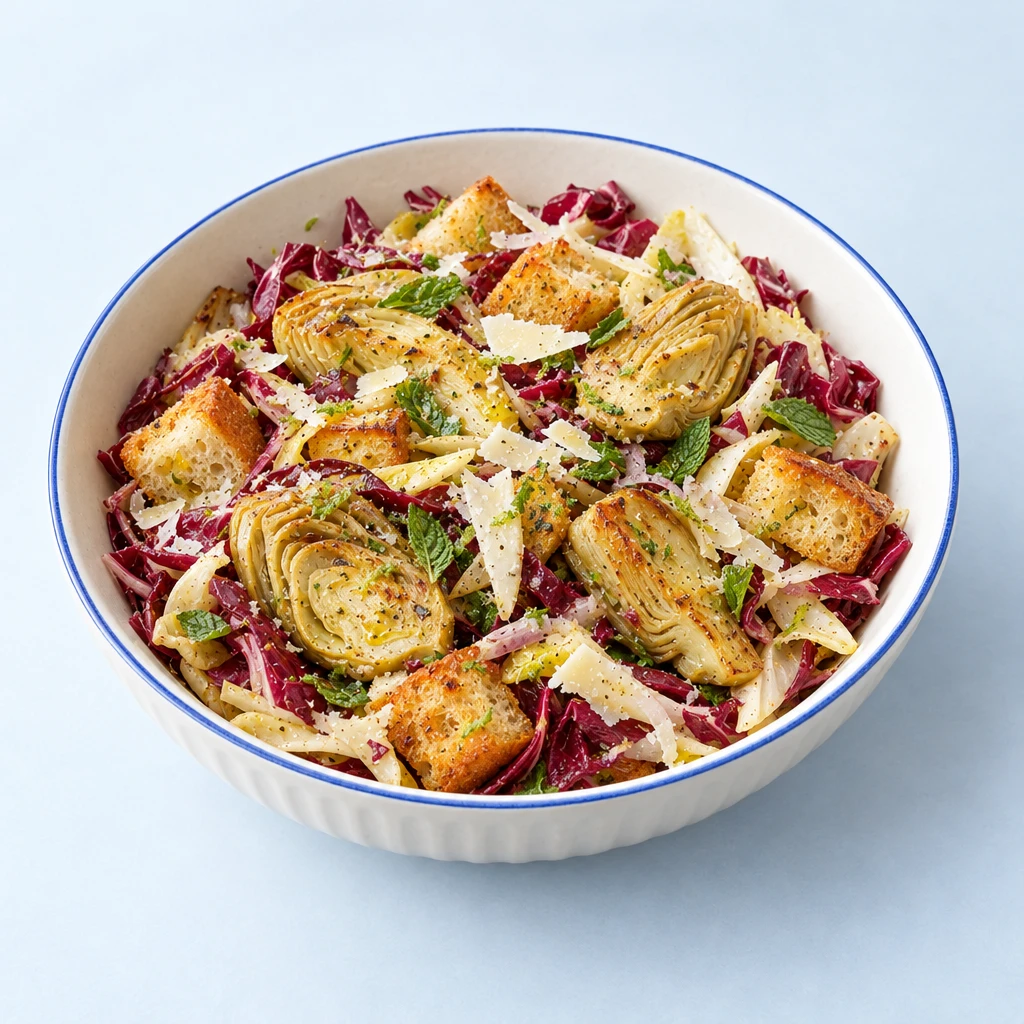 Gebratene Artischockenhälften auf Radicchio und Chicorée mit Minze und geröstetem Ciabatta.