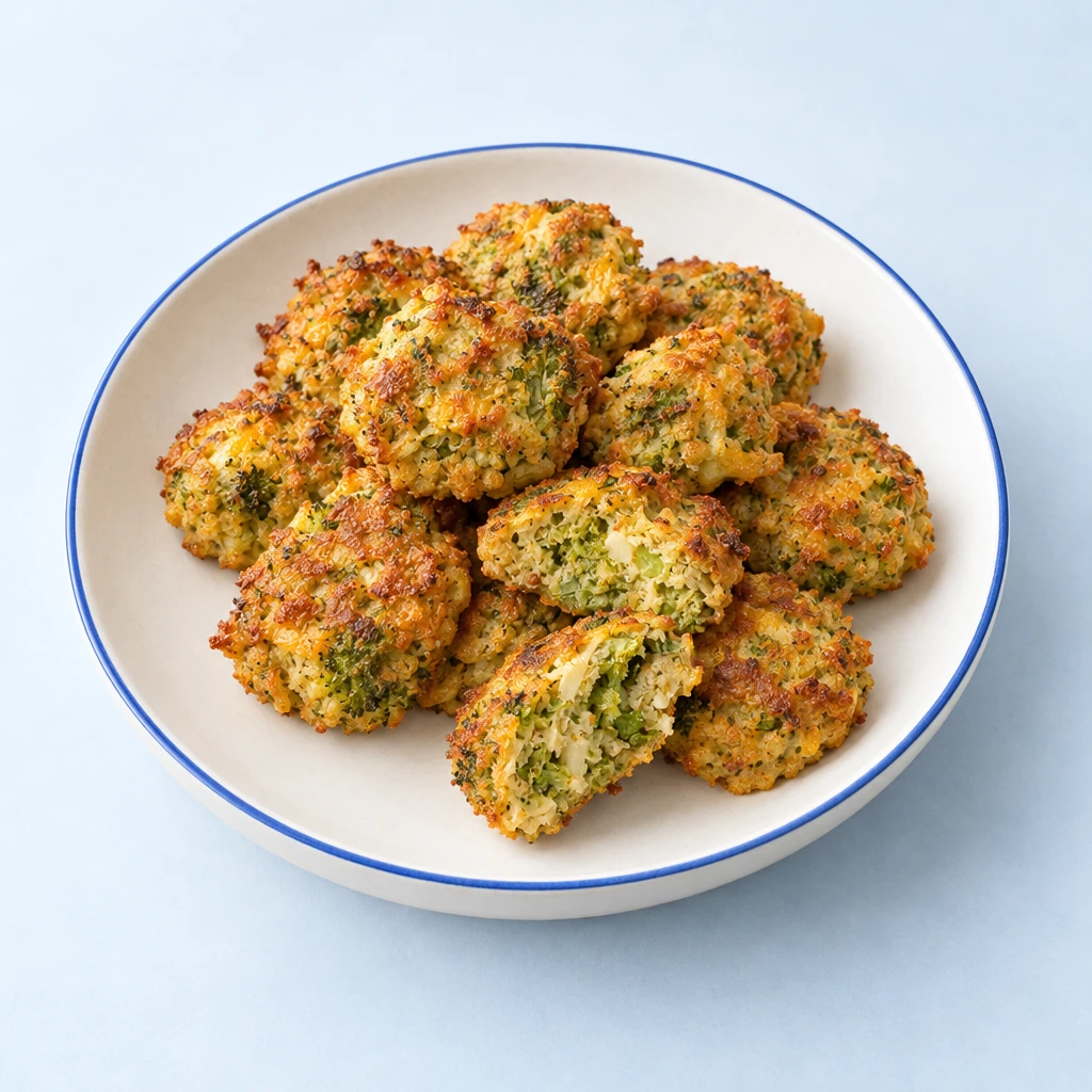 Goldbraun gebackene Brokkoli-Nuggets auf einem Teller, eines aufgeschnitten mit sichtbarem Brokkoli-Käse-Inneren.