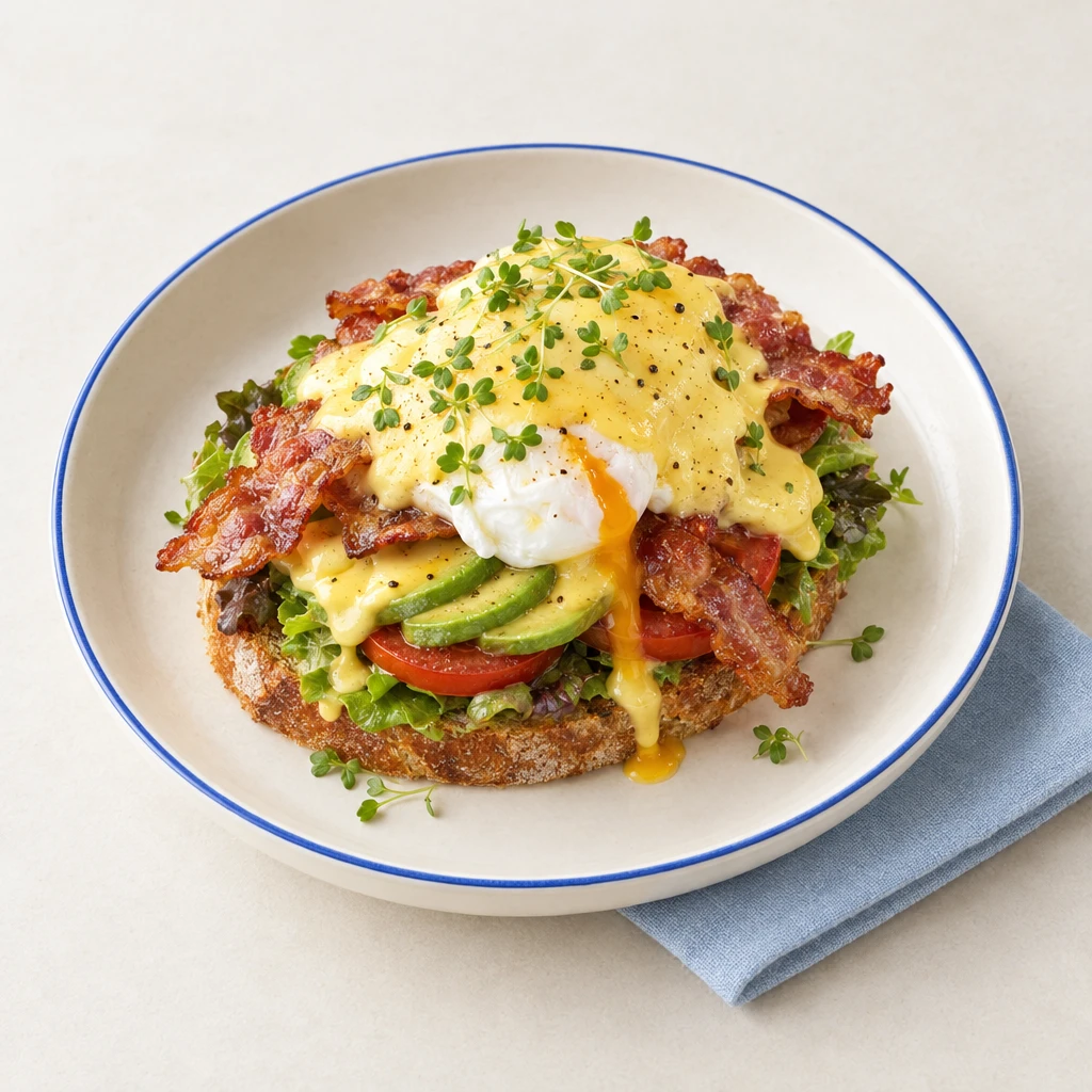 Eggs Benedict on toasted crusty bread with salad leaves, tomatoes, avocado, crisp bacon, hollandaise sauce and cress.