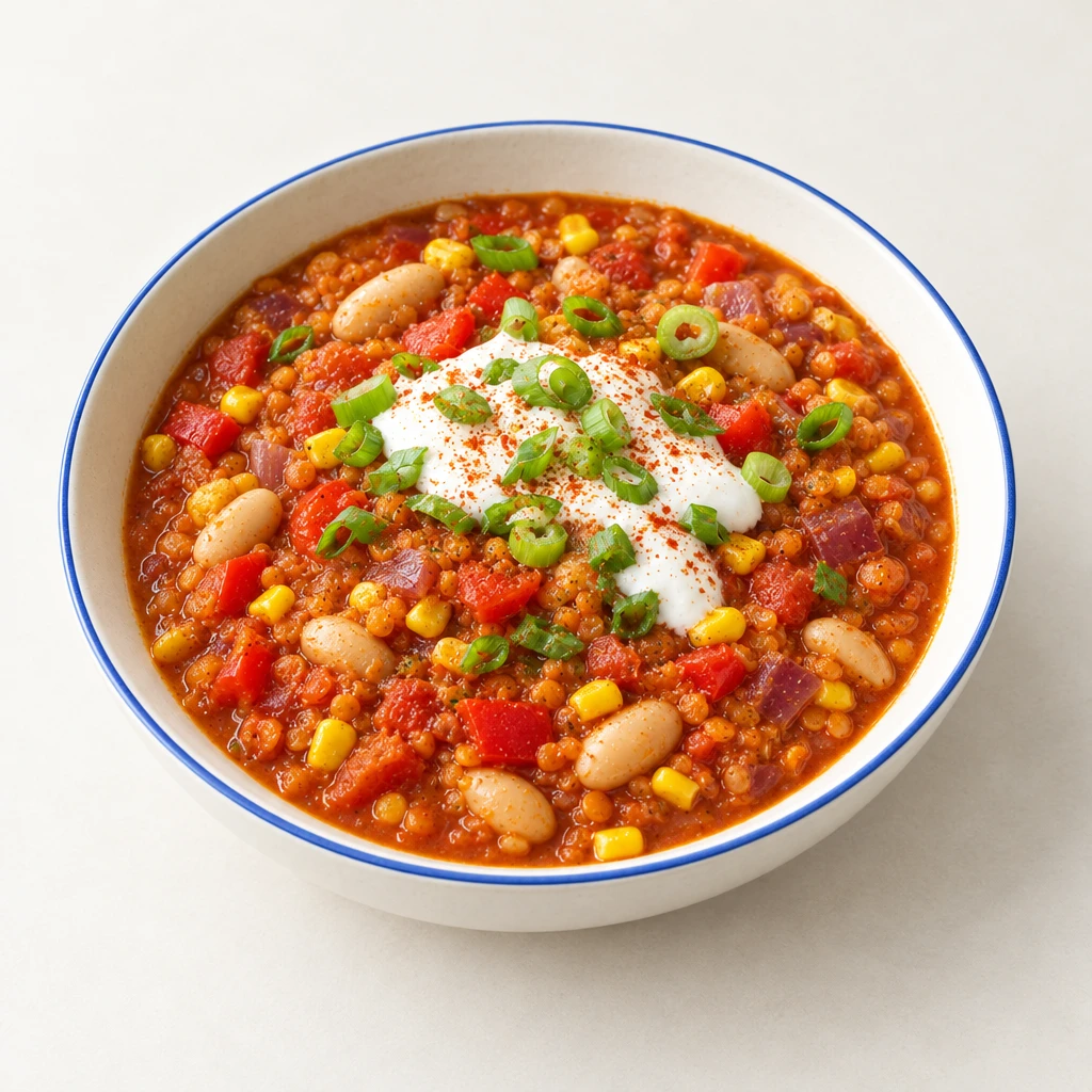 Rotes Linsen-Chili mit Paprika, weißen Bohnen und Mais, garniert mit Naturjoghurt und Lauchzwiebeln.