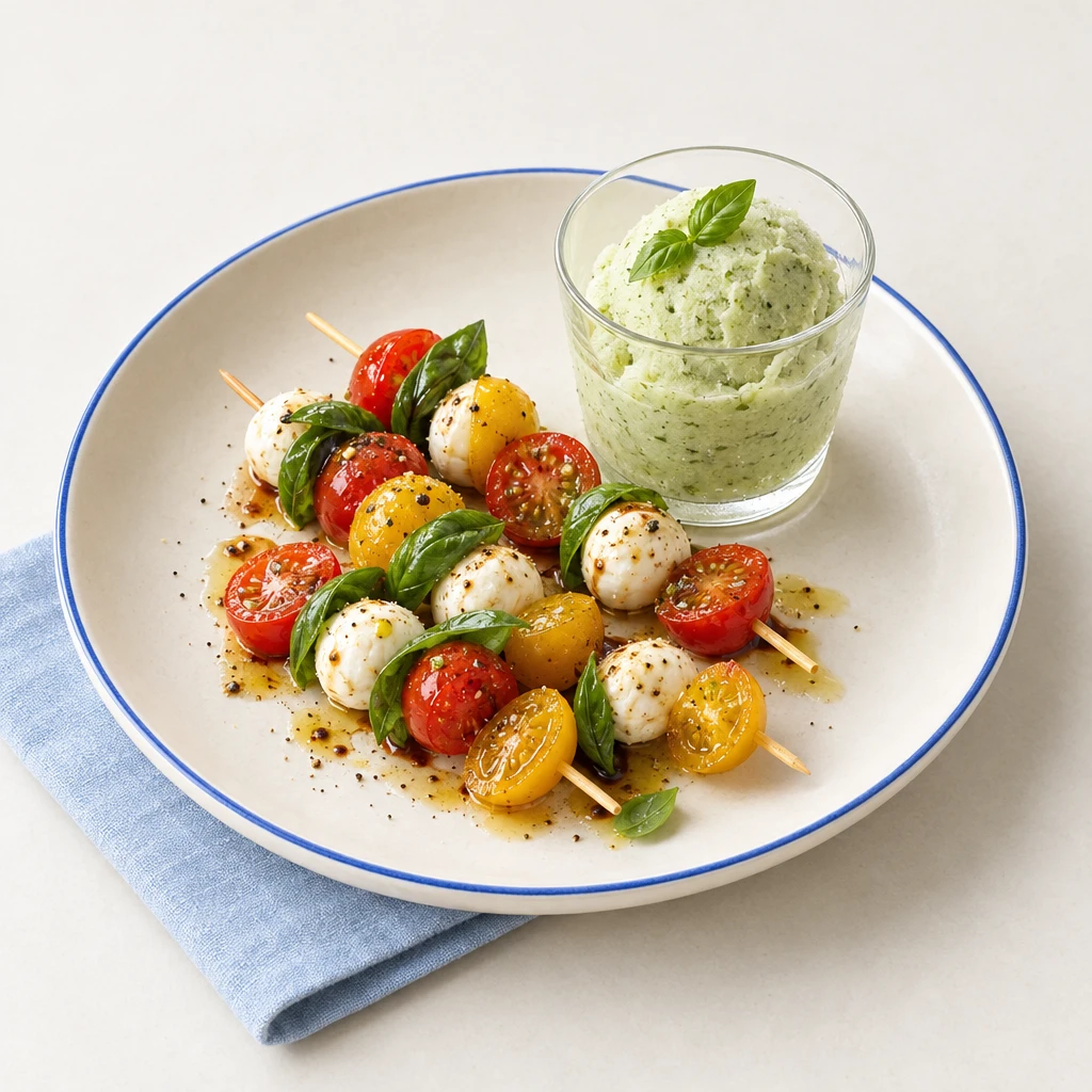 Basil yoghurt sorbet with yellow and red tomatoes and mozzarella and basil skewers on a plate.