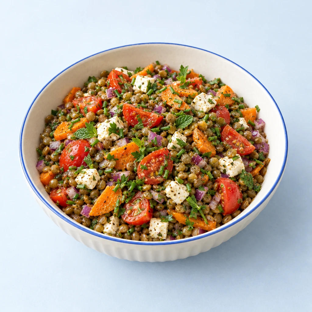 Lentil salad with feta, tomatoes, carrots, red onion and herbs in a bowl.