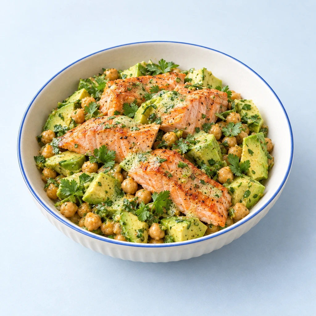Gratiniertes Lachsfilet auf Avocado-Kichererbsen-Salat mit Korianderblättchen und grünem Korianderschaum.