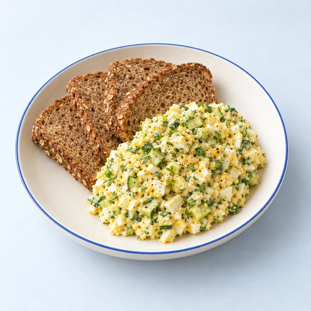 Egg spread with finely chopped cucumber and fresh herbs on wholemeal bread.