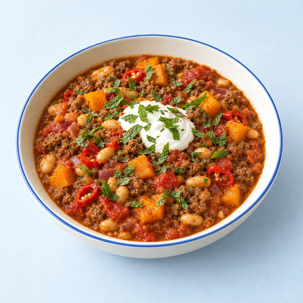 A bowl of chilli con carne with beef mince, butternut squash and white beans, topped with crème fraîche and mint.