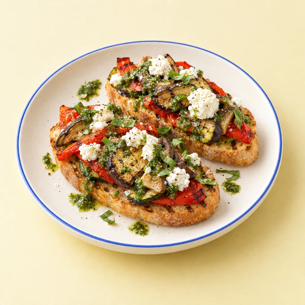 Toasted baguette slices topped with grilled vegetables, crumbled fresh goat’s cheese and basil oil.