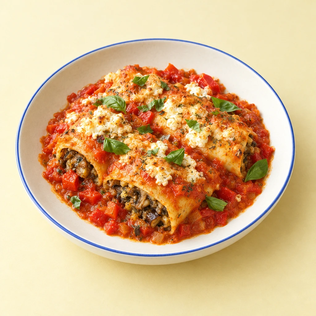Aubergine and mushroom cannelloni in red pepper sauce, baked with feta and garnished with basil.