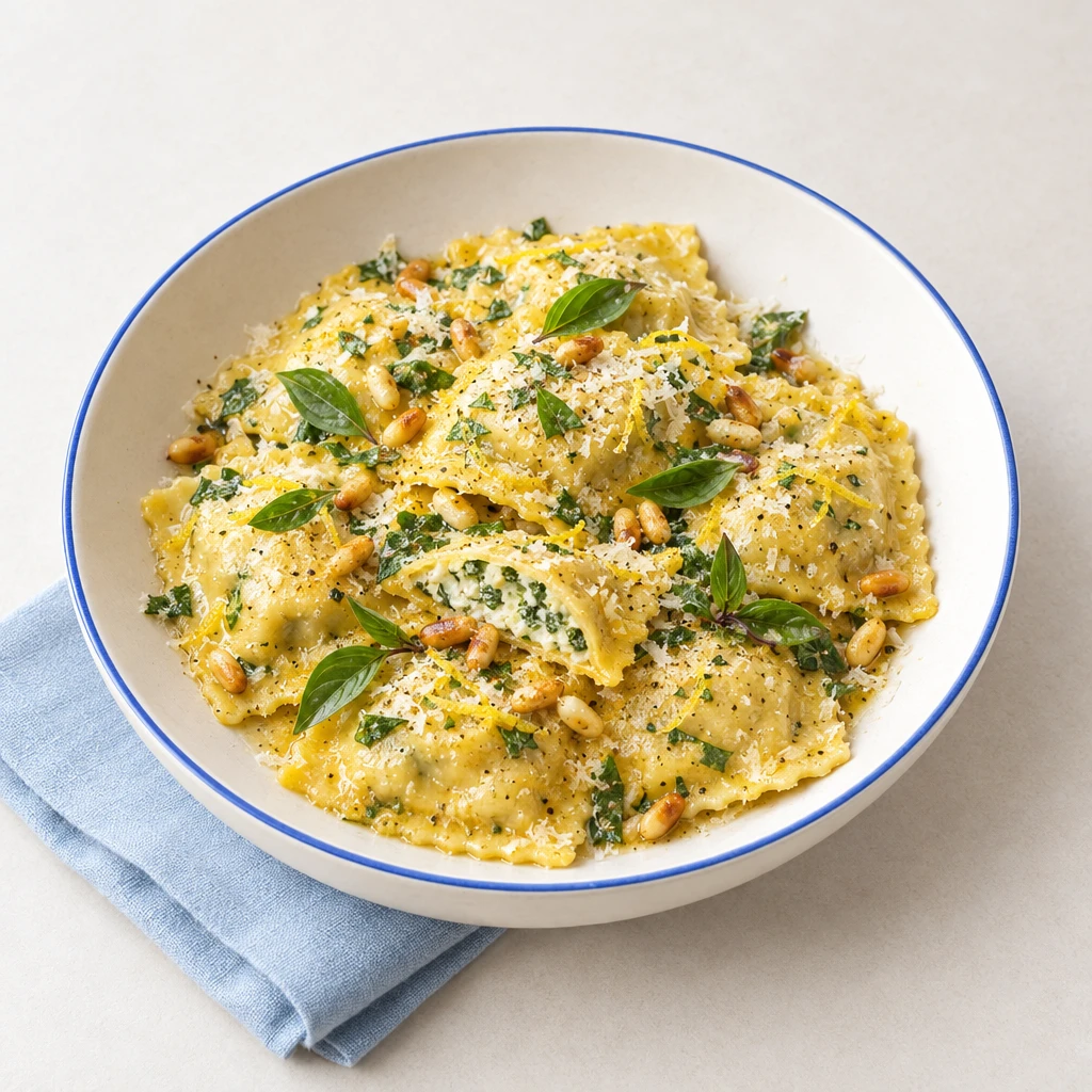 Bärlauch-Ricotta-Ravioli in Zitronenbutter mit Parmesan, gerösteten Pinienkernen, Zitronenzesten und Thai-Basilikum.