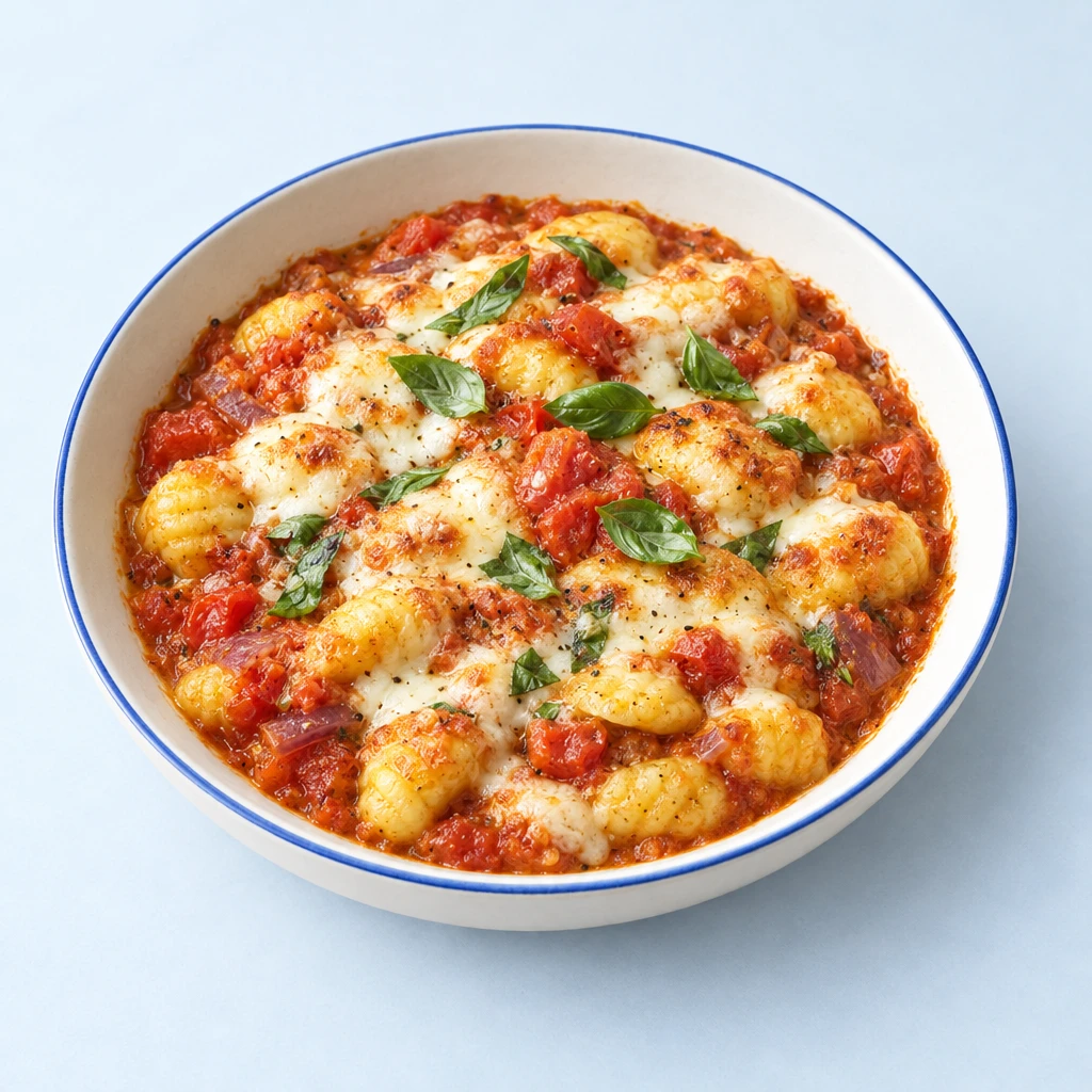Gnocchi in Tomatensauce mit geschmolzenem Mozzarella und frischen Basilikumblättern.
