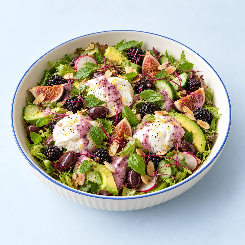 Sommersalat mit Brombeeren, Feigen, Burrata und violettem Dressing, dazu knusprige Brotchips.