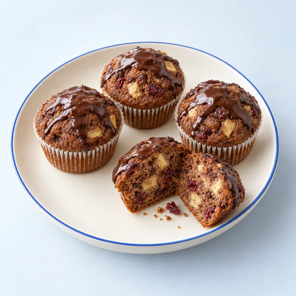 Chocolate and banana muffins with a dark chocolate glaze, cut open to reveal banana pieces and dried cranberries.