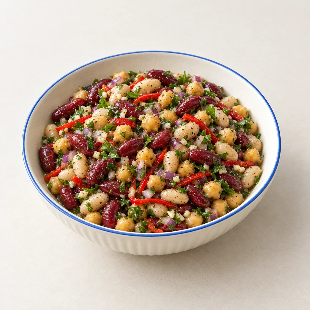 Bohnensalat mit Kidneybohnen, weißen Bohnen, Kichererbsen, roten Chilistreifen, Zwiebel und Petersilie in einer flachen Schüssel.