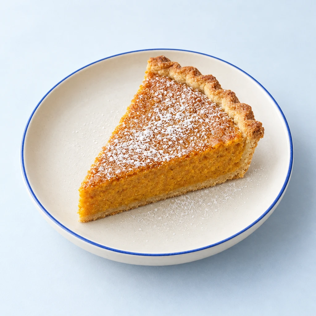 Pumpkin pie with a golden shortcrust rim and a dusting of icing sugar, with a cut slice revealing the orange filling.