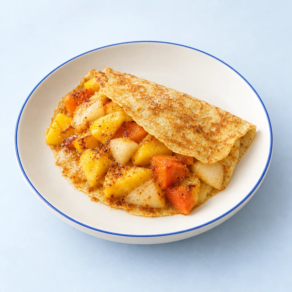 Mini crêpes with caramelised, flambéed pieces of mango, pineapple, papaya and nashi pear on a plate.
