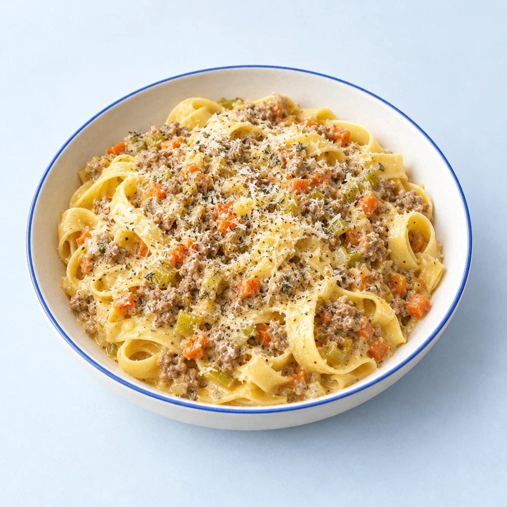 Bandnudeln mit cremiger weißer Bolognese aus Hackfleisch und Suppengemüse, bestreut mit geriebenem Parmesan.