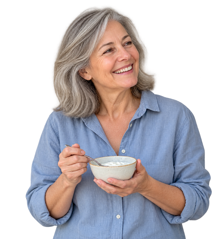 KI-generierte Frau mit grauen Haaren und einem warmen Lächeln, die eine kleine Schale Joghurt hält.